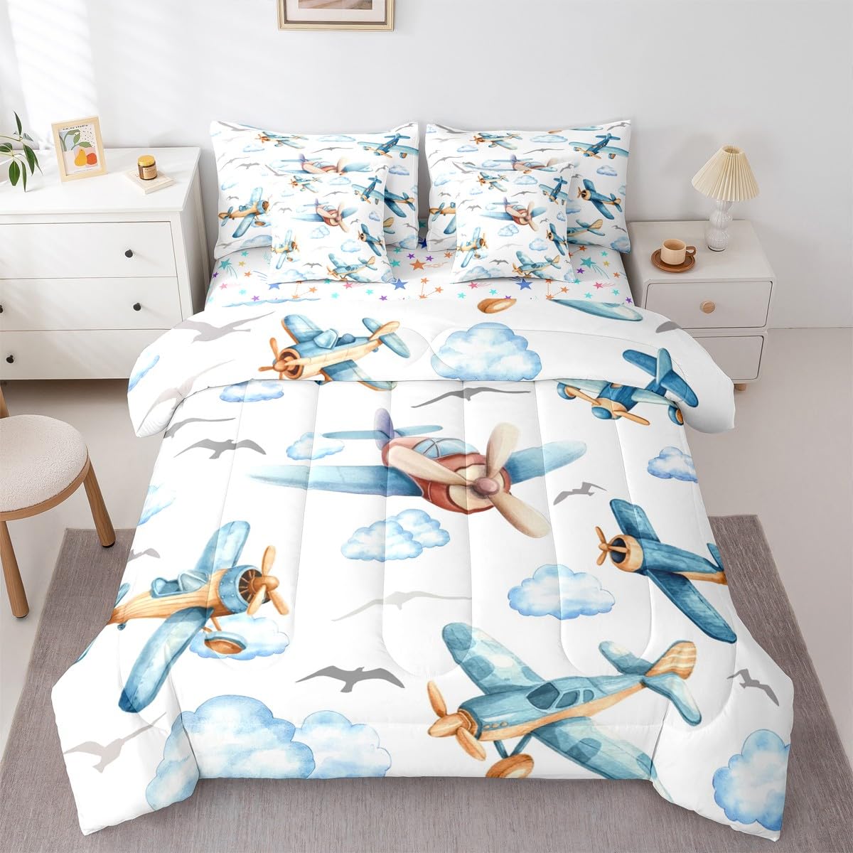 Erosebridal Boys Cartoon Propeller Plane Twin 7 Pcs Bedding Set, Aircraft Airplane Comforter Set with Sheets, Blue Clouds Bed in A Bag for Kids Girls Adults Bedroom, Flying Birds Animals Bed Sets