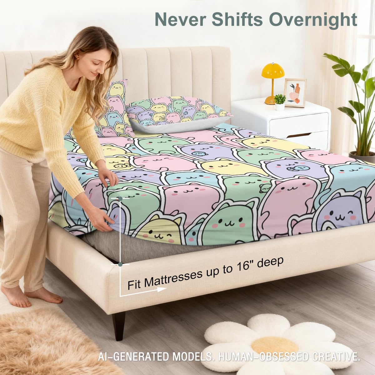 ARIGHTEX Cute Cat Fitted Sheet Set Twin Size, 3 Pieces Soft Kawaii Companion Bedding for Relaxing Sleep, Pastel Cartoon Kitty Microfiber Deep Pocket Bed Sheets with 2 Pillowcases (No Flat Sheet)