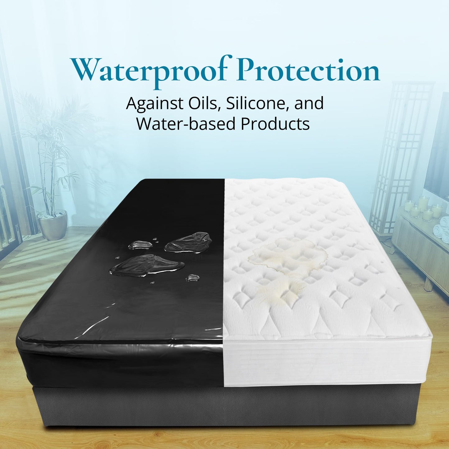 Vinyl Waterproof Fitted Sheet, California King 72 x 84 inches, 15.75" Deep Pocket, Phthalate-Free Black Wipe-Clean Mattress Protector with Side Pocket & Repair Kit, for Massage Oil & Silicone