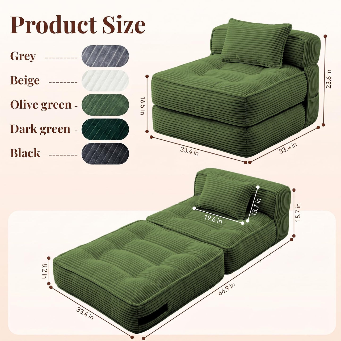 ORWIPO Folding Sofa Bed, Convertible Sleeper Chair with Pillow Foldable Mattress with Back Support, Portable Fold Out Chair Bed Comfy Floor Couch Lounge for Living Room Bedroom Apartment Single
