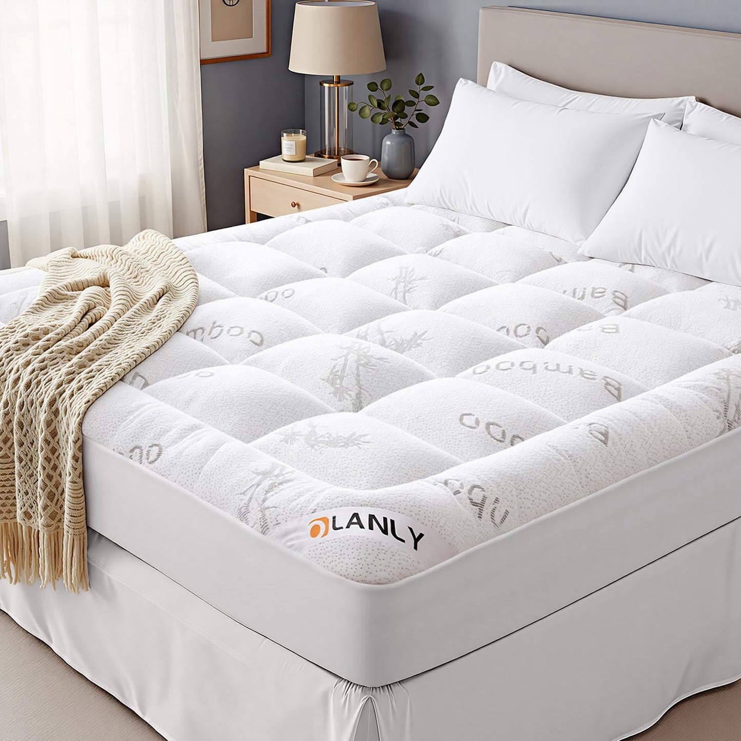 OLANLY King Mattress Topper, Bamboo Viscose Cooling Pillow Top Mattress Pad, Soft Plush Down Alternative for Firm Mattress, Back & Hip Pressure Relief, Machine Washable, Deep Pocket, White