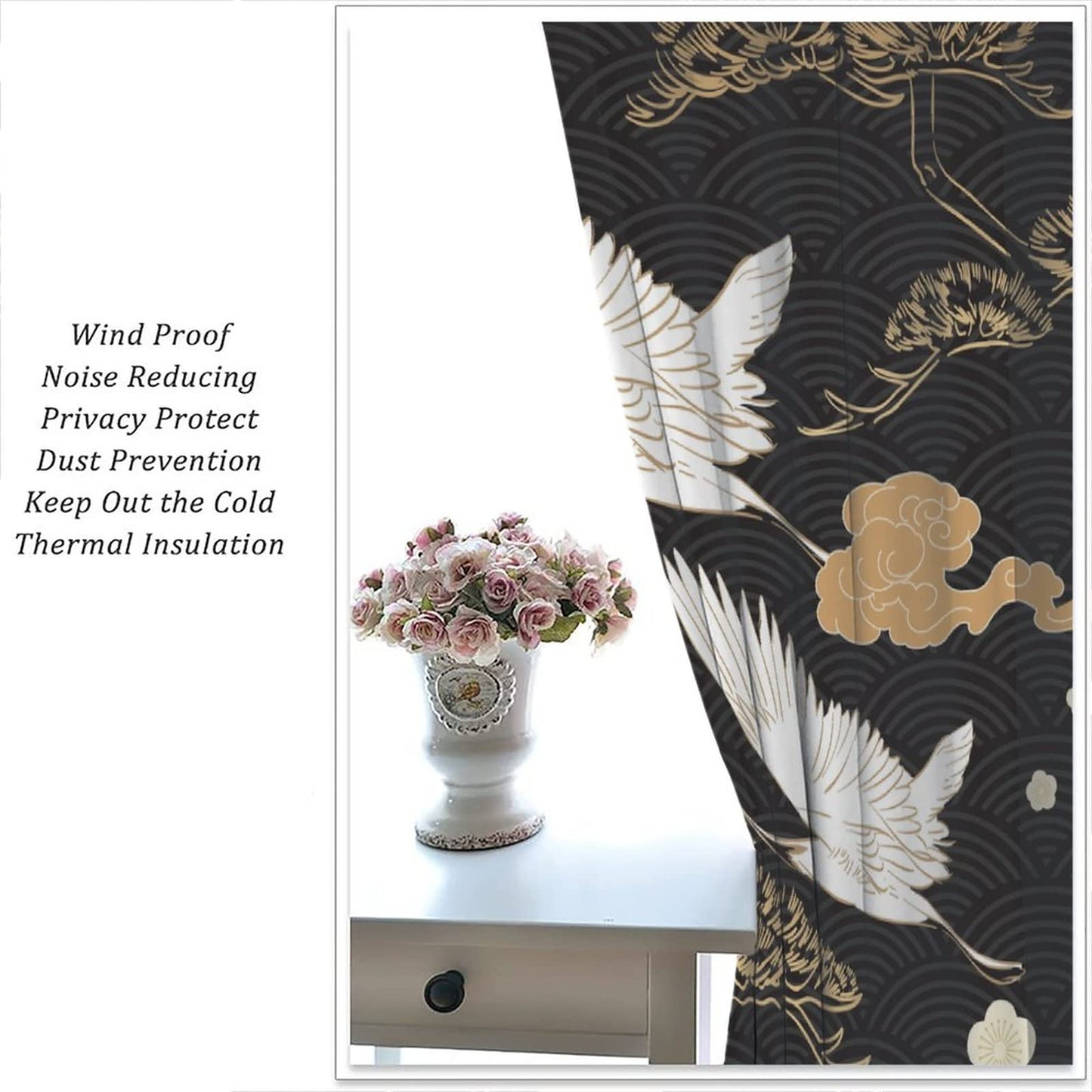 Fairy Crane Curtains Black Gold Plant Traditional Chinese Style Japanese Style Theme Art Bedroom Living Room Decor Rod Pocket Blackout Window Drapes 2 Panels Set 42x45in