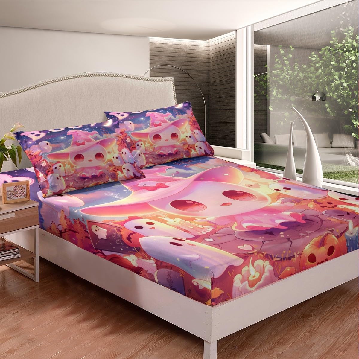 Cartoon Cute Ghost Fitted Sheet,Girly Kawaii Halloween Ghost Bedroon Decor Bed Sheet 3 Pieces Fits Mattress,Dreamy Starry Sky Rustic Pumpinks Decorative Fabric Bedding All-Round Elastic Pocket