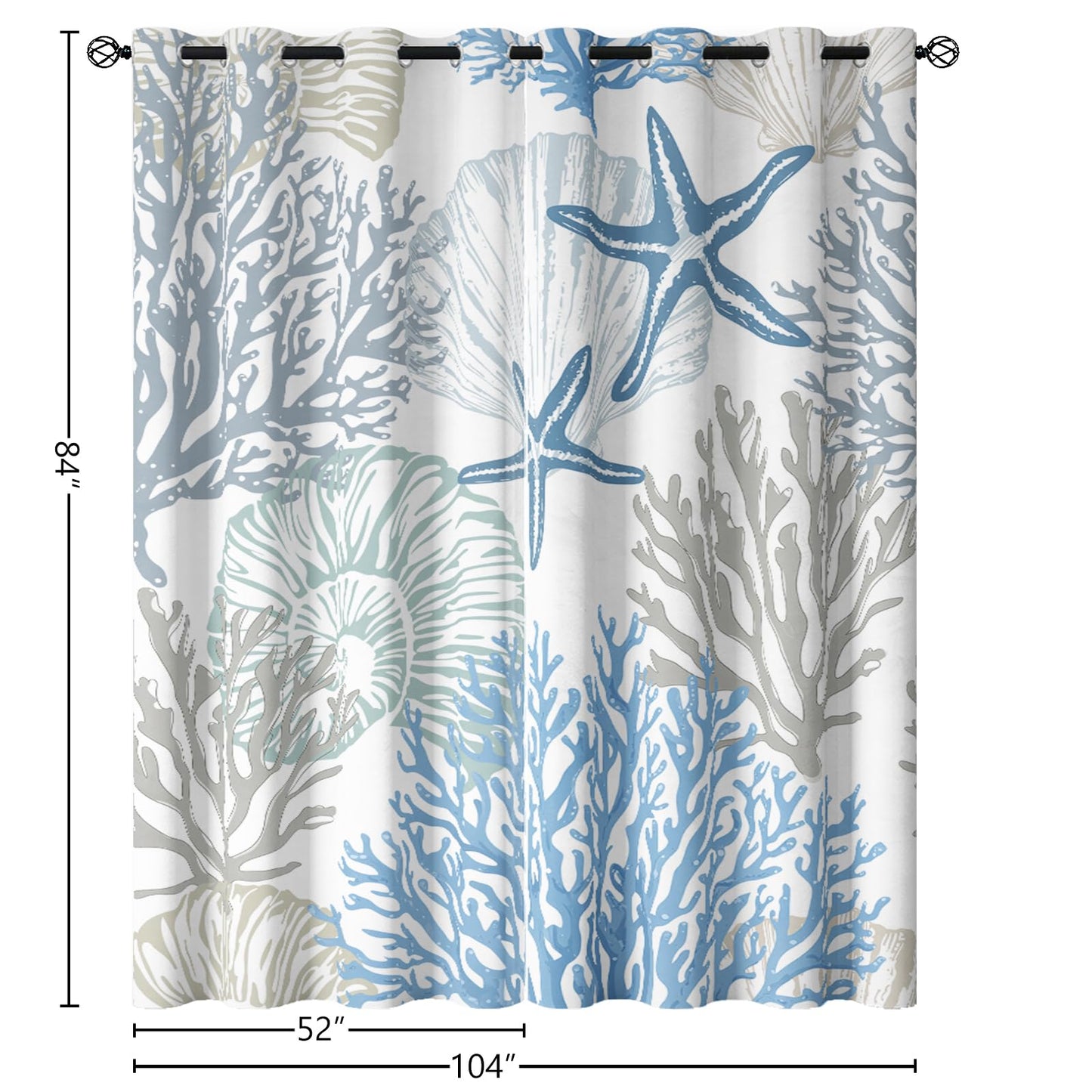 Sanzugh Coastal Beach Blackout Curtains 84 Inch Long 2 Panels Set, Blue Nautical Ocean Beachy Black Out Patterned Printed Window Curtain for Bedroom Living Room, Seashell Coral Grommet Window Drapes