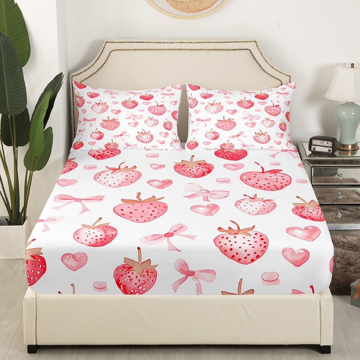 Homewish 4 Pieces Bow and Love Full Size Sheet Set Soft Microfiber Strawberry Fitted Flat Sheets and Pillowcases Pink Cartoon Bedding Sets for Kids Teens Adults