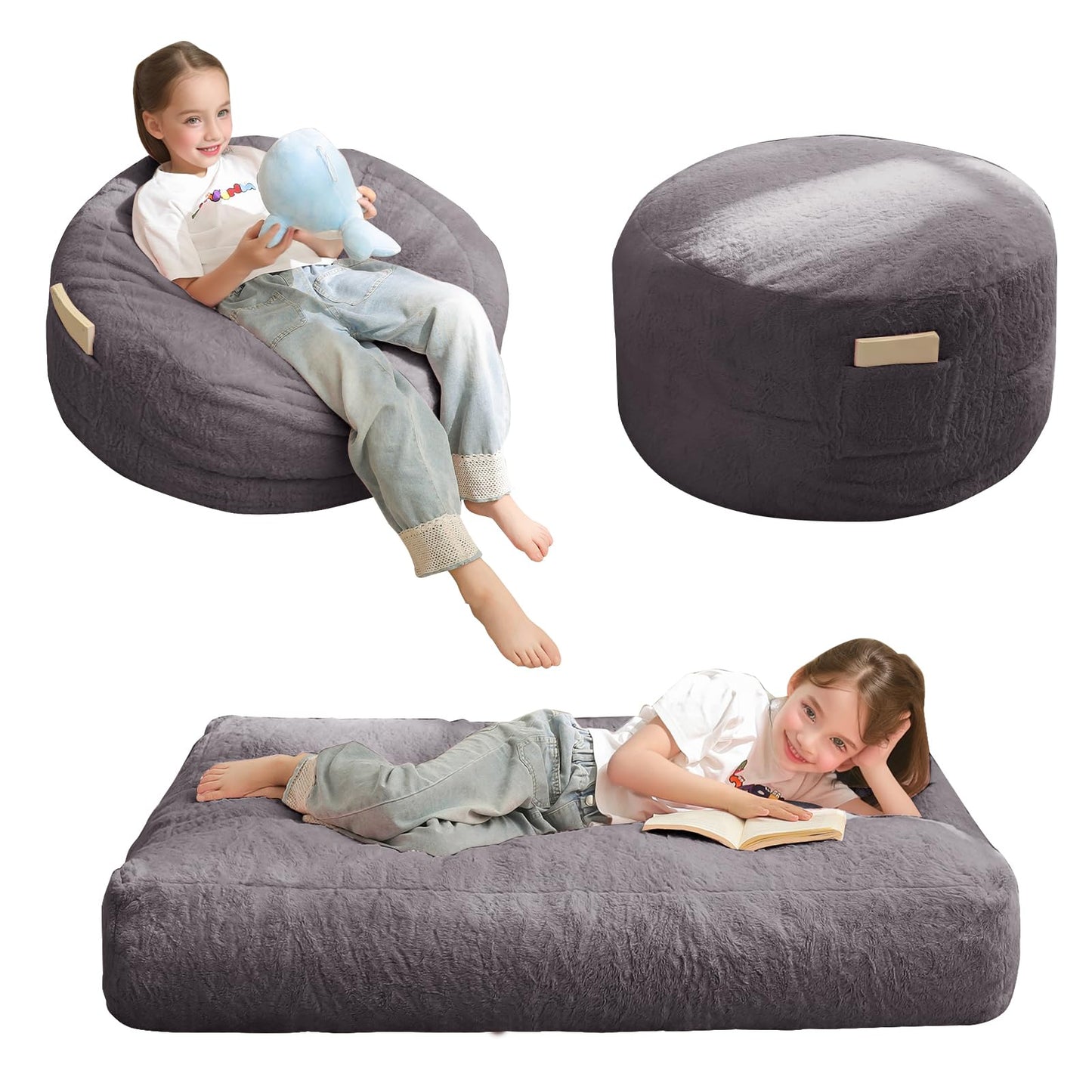 MAXYOYO Bean Bag Chair for Kids, Convertible Bean Bag Folds from Lazy Chair to Comfy Floor Sofa Couch, Stuffed Floor Sofa for Boys and Girls, High-Density Foam Filling, Dark Grey