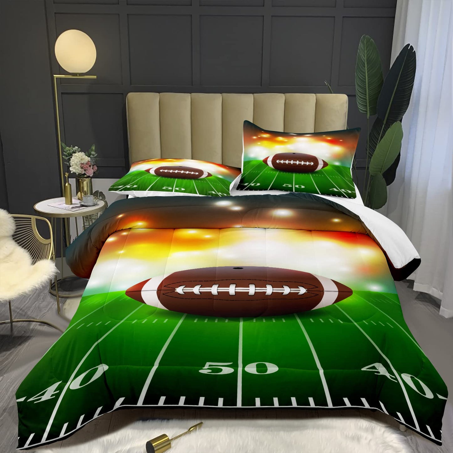 Bodhi Football Comforter Set Queen for Boys Kids Green Rugby Field Bedding Set with Fire Comforter and Pillowcase, Soft Sports Quilt, Queen Size #4011
