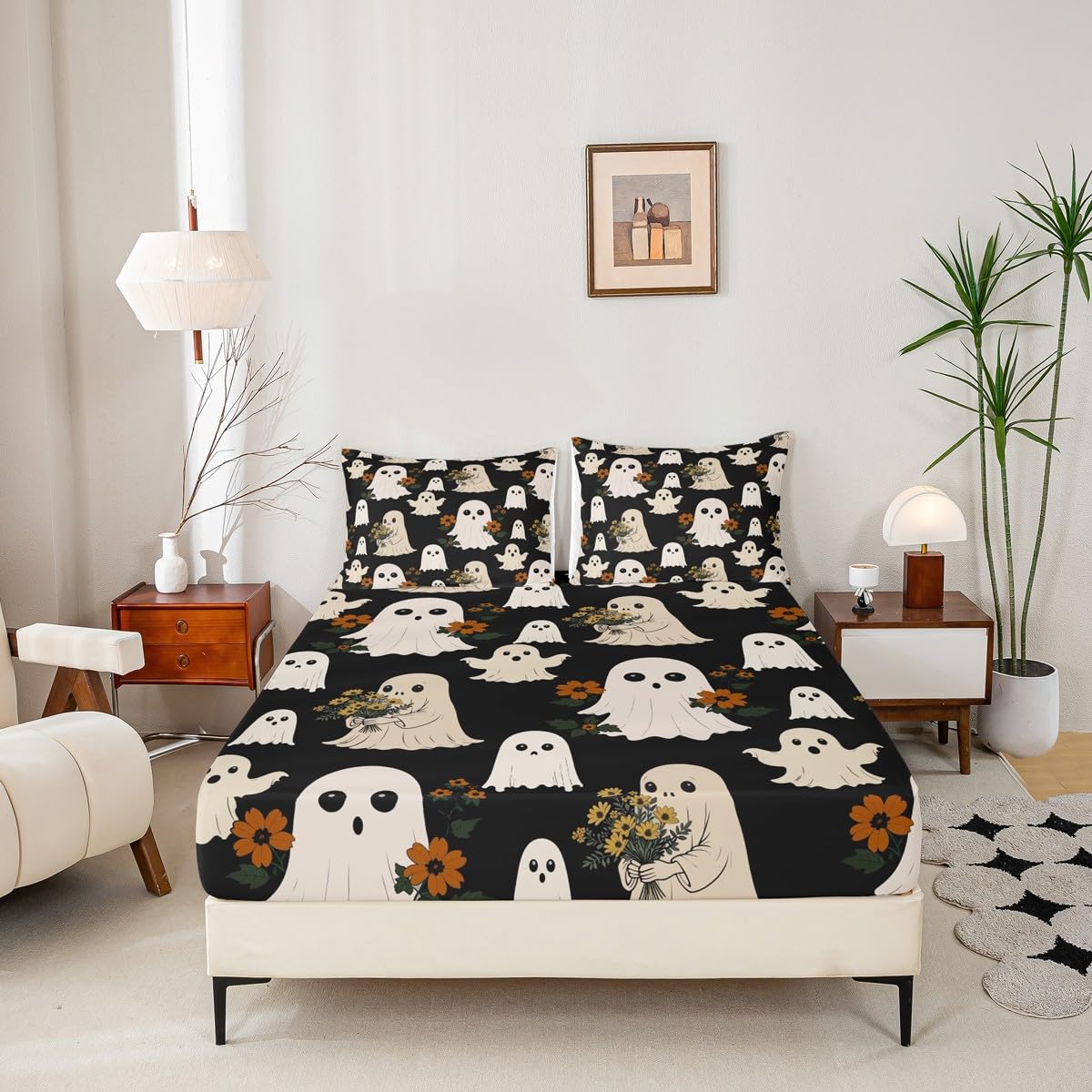 Cute Ghost Fitted Sheet Queen Size,Cartoon Halloween Ghost Bedding Sets 3Pcs for Kids Girls Boys Adult Room Decor,Hippie Daisy Flower Bed Sheet Funny Black Deep Pocket Sheet,2 Pillowcases