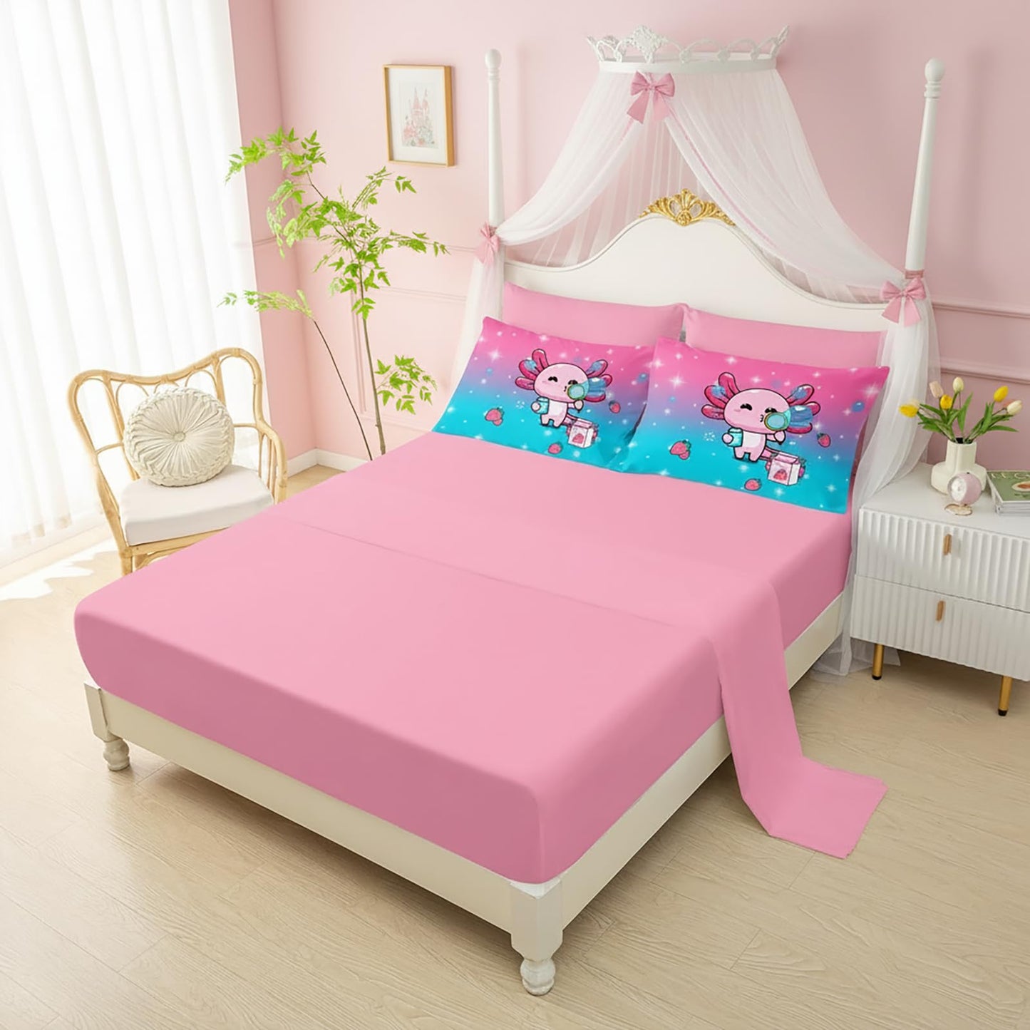 QOOMO Axolotl 7 Pieces Comforter Set Queen Size,Salamander Bedding Set for Kids-Include 1 Comforter,1 Fitted Sheet,1 Flat Sheet,2 Printing Pillowcases and 2 Pink Pillowcases