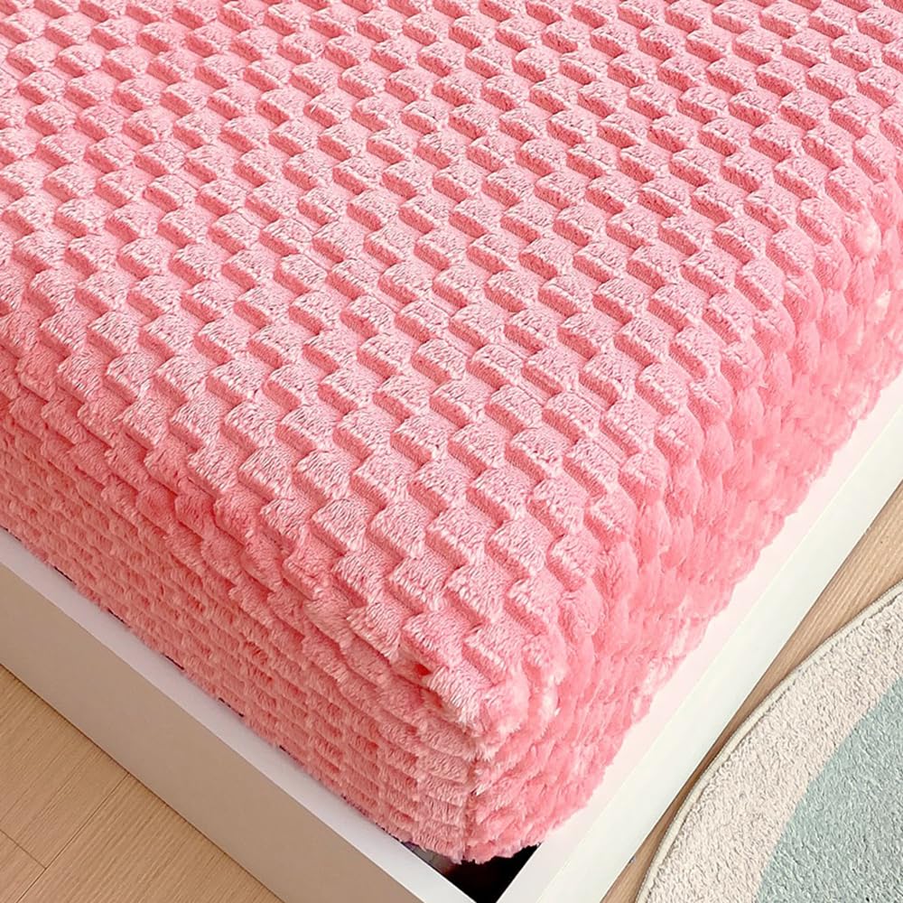 ZIQINPSQ Cozy Fleece Fitted Sheet Full Size - Ultra Soft Fuzzy Bed Sheets for Winter, Deep Pocket 15'' Velvet Plush Bottom Sheet Only (Anti-Static & Warm), Orange Pink