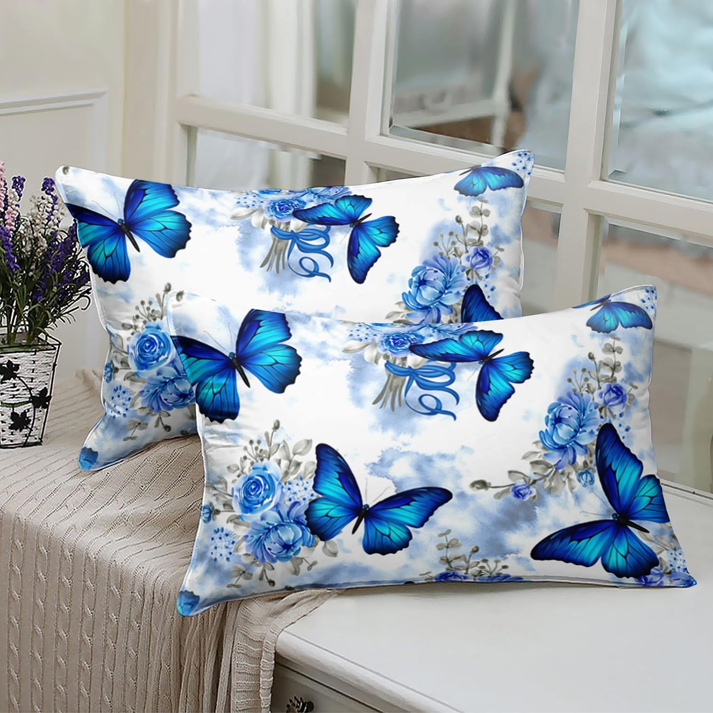 AILONEN Blue Butterfly Fitted Sheet Set for Girls, Twin Size Tie Dye Floral Butterfly Bed Sheet Set,Soft Microfiber Kids Women 3-Piece Breathable Fitted Sheet with 2 Pillowcases