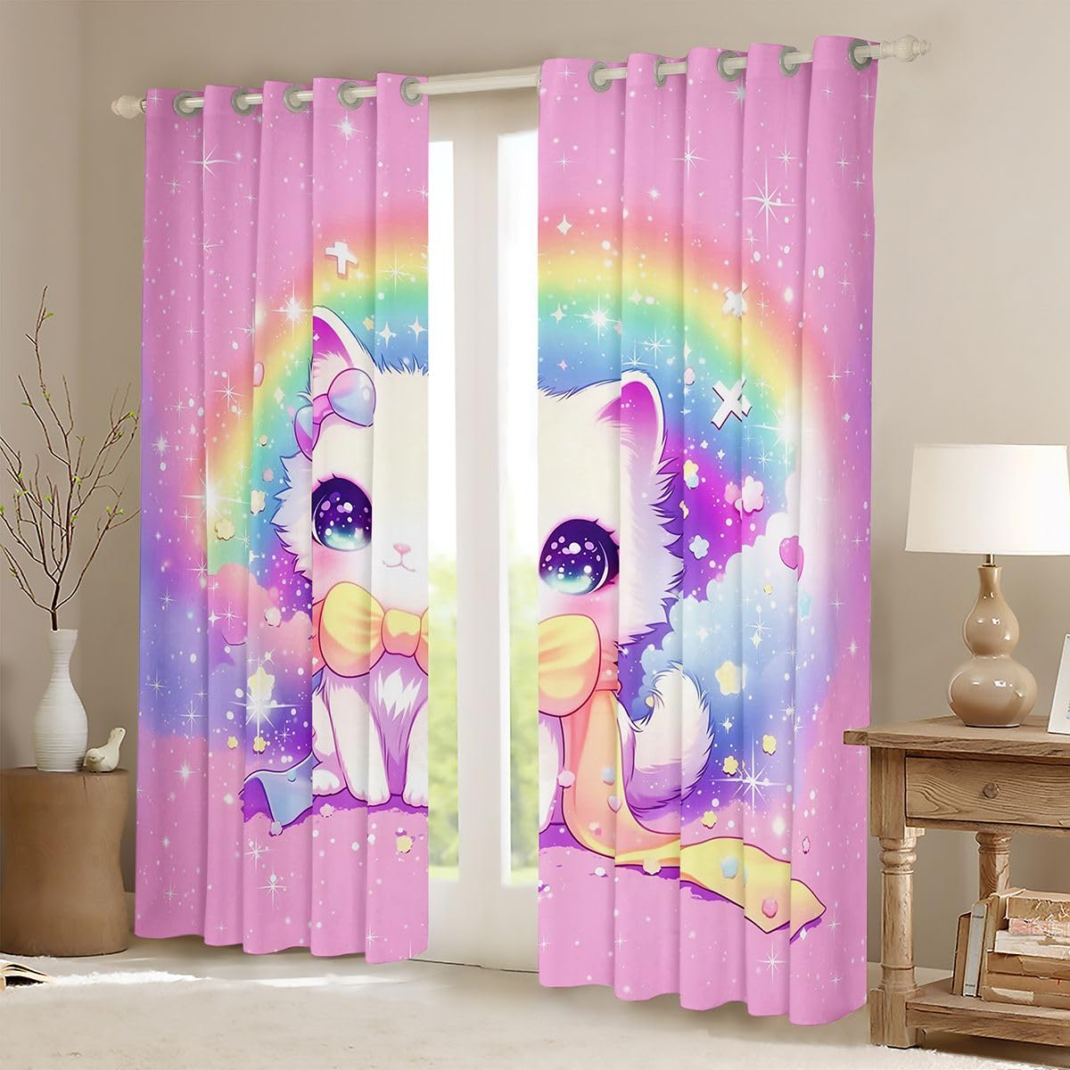 Feelyou Pink Cat Curtains for Bedroom Living Room Cute Kitten Blackout Shades Cute Animal Room Darkening Curtain Cat Lover's Gift Window Treatments, 2 Panels 42 x 84 Inch