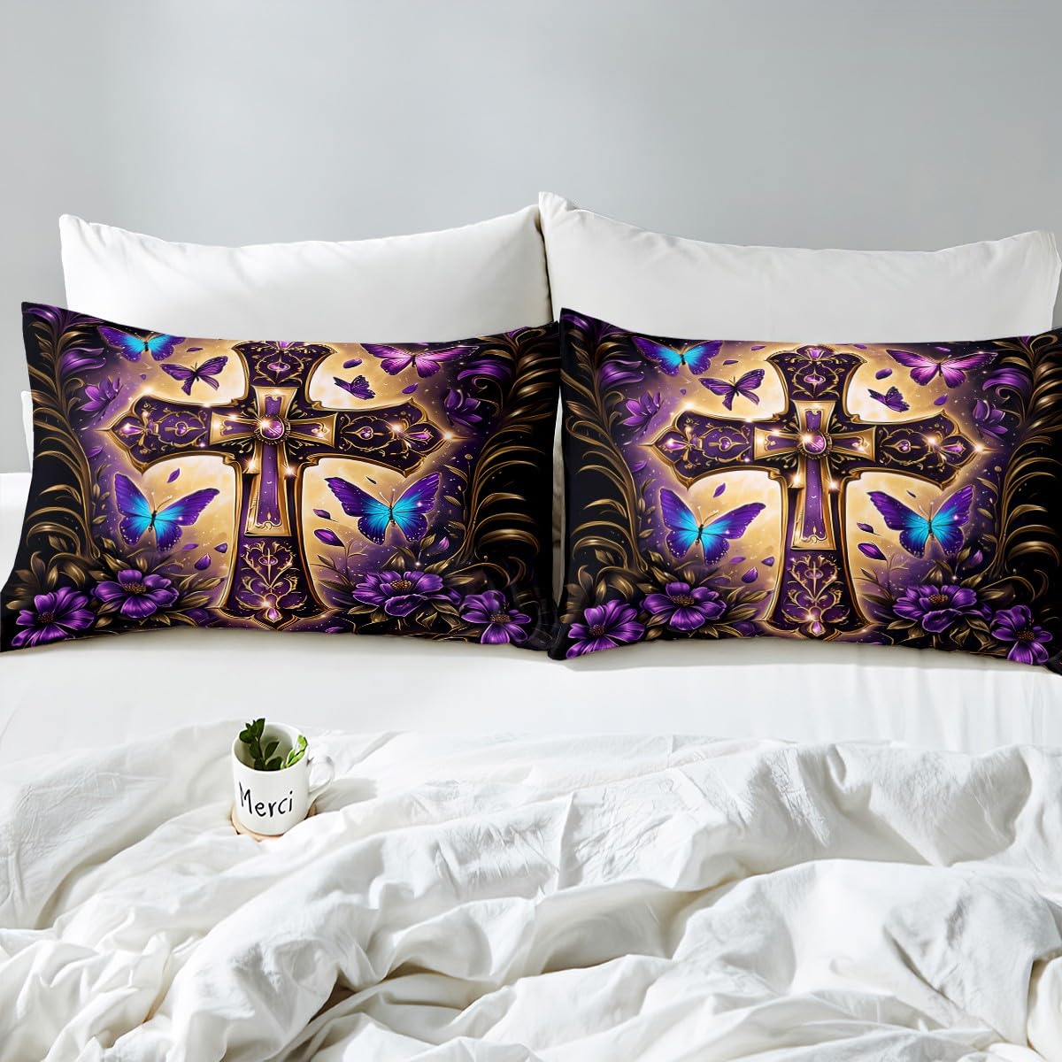 Erosebridal The Cross Theme Flat Fitted Sheet Full Patriotic Style Bedding Sets Butterfly Floral Bed Sheets Set for Men Women Adult,Purple Flower Bedding Sets for Bedroom Decor with 2 Pillow Cases