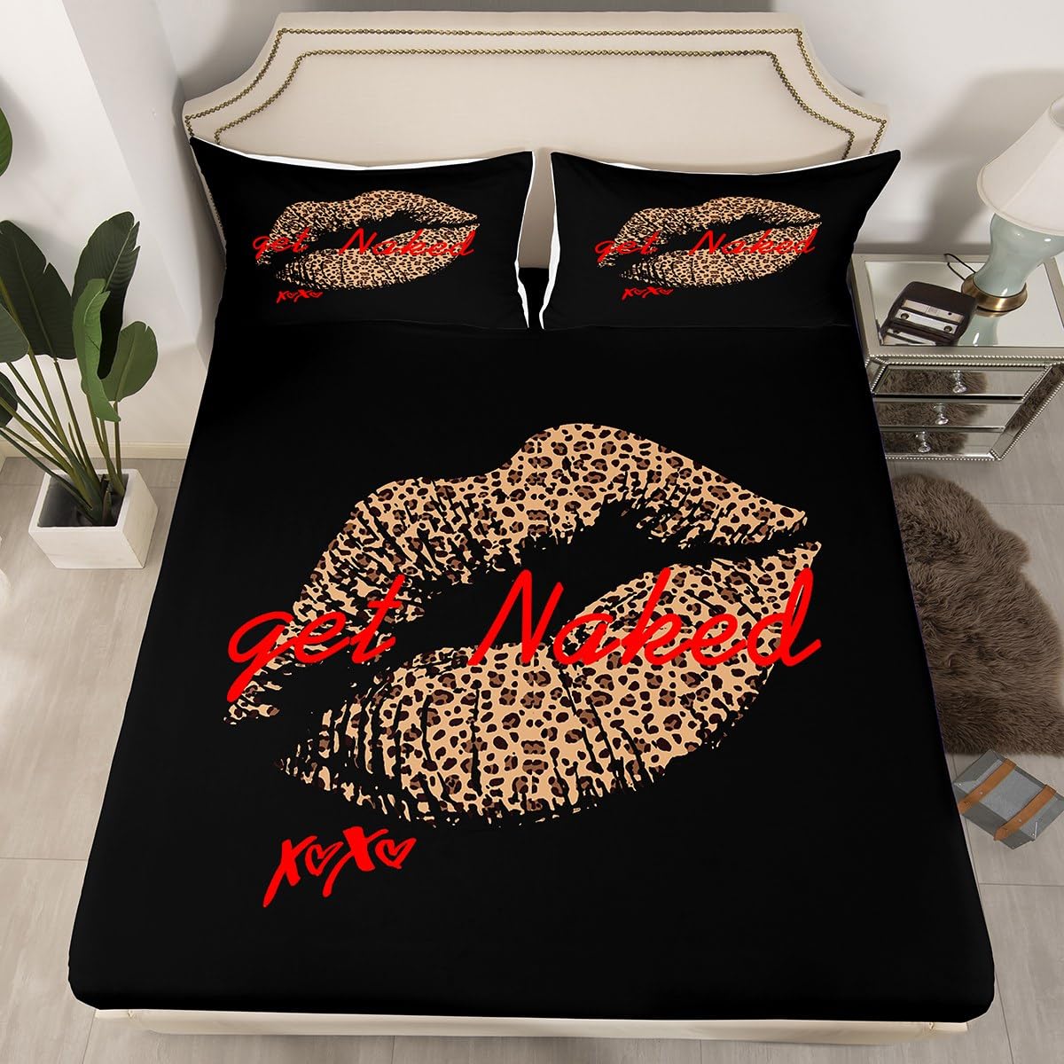 Get Naked Bed Sheet Set Sexy Leopard Print Lips Fitted Sheet & Pillow Sham Set Funny Quotes Kiss Bedding Set Charming Girls Lady Woman Bedroom Decor Black Red Brown Bed Cover No Flat Sheet Full Size