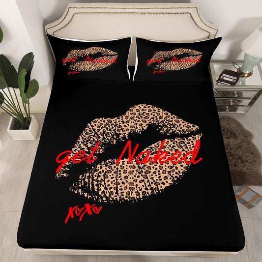 Get Naked Bed Sheet Set Sexy Leopard Print Lips Fitted Sheet & Pillow Sham Set Funny Quotes Kiss Bedding Set Charming Girls Lady Woman Bedroom Decor Black Red Brown Bed Cover No Flat Sheet Full Size