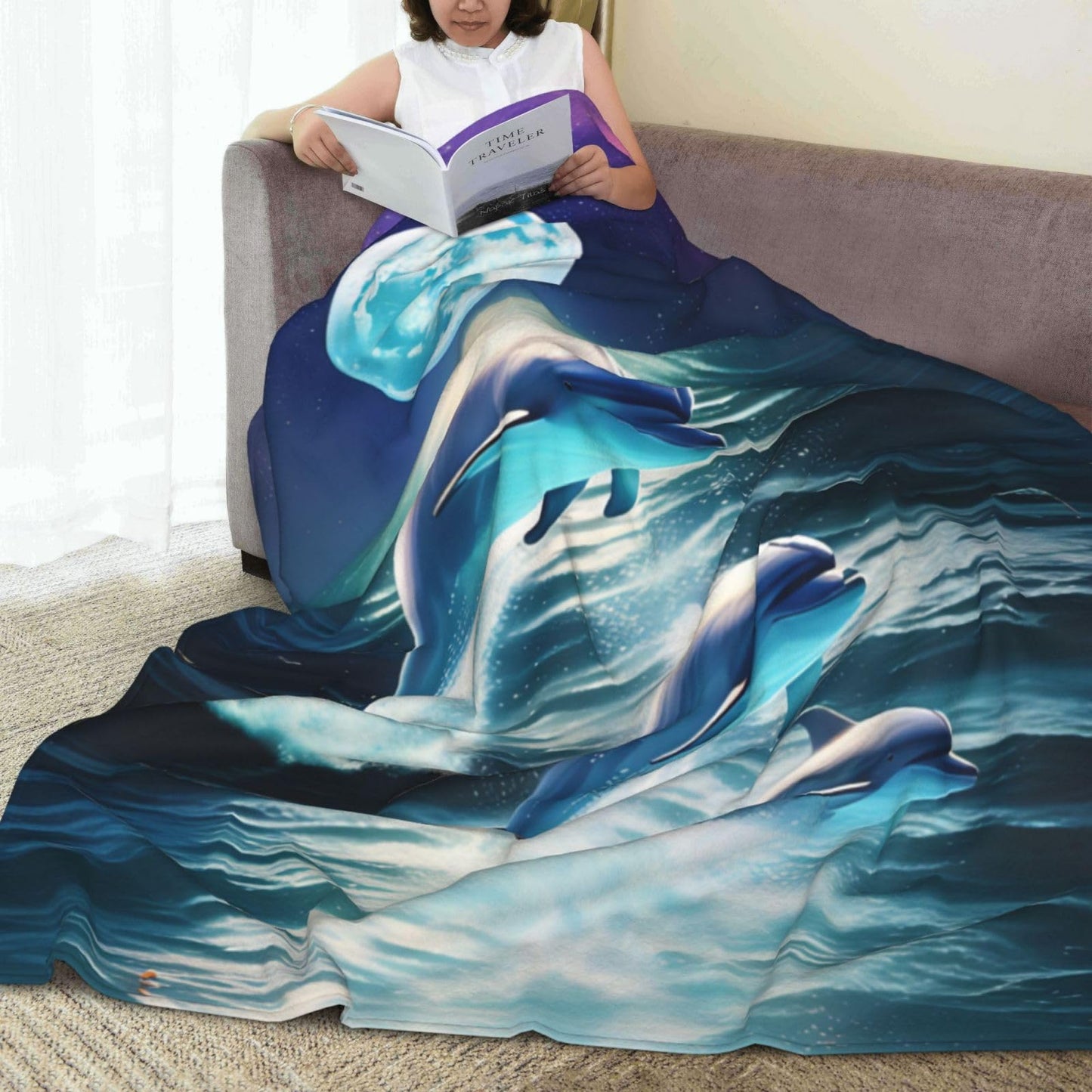 Zeleda Dolphin Blanket for Kids Women Adults Dolphin Blanket Gifts 60" x 50" Flannel Dolphin Moon Ocean Throw Blanket for Bed Living Room Sofa Couch Soft Warm Lightweight Cozy Dolphin Decor