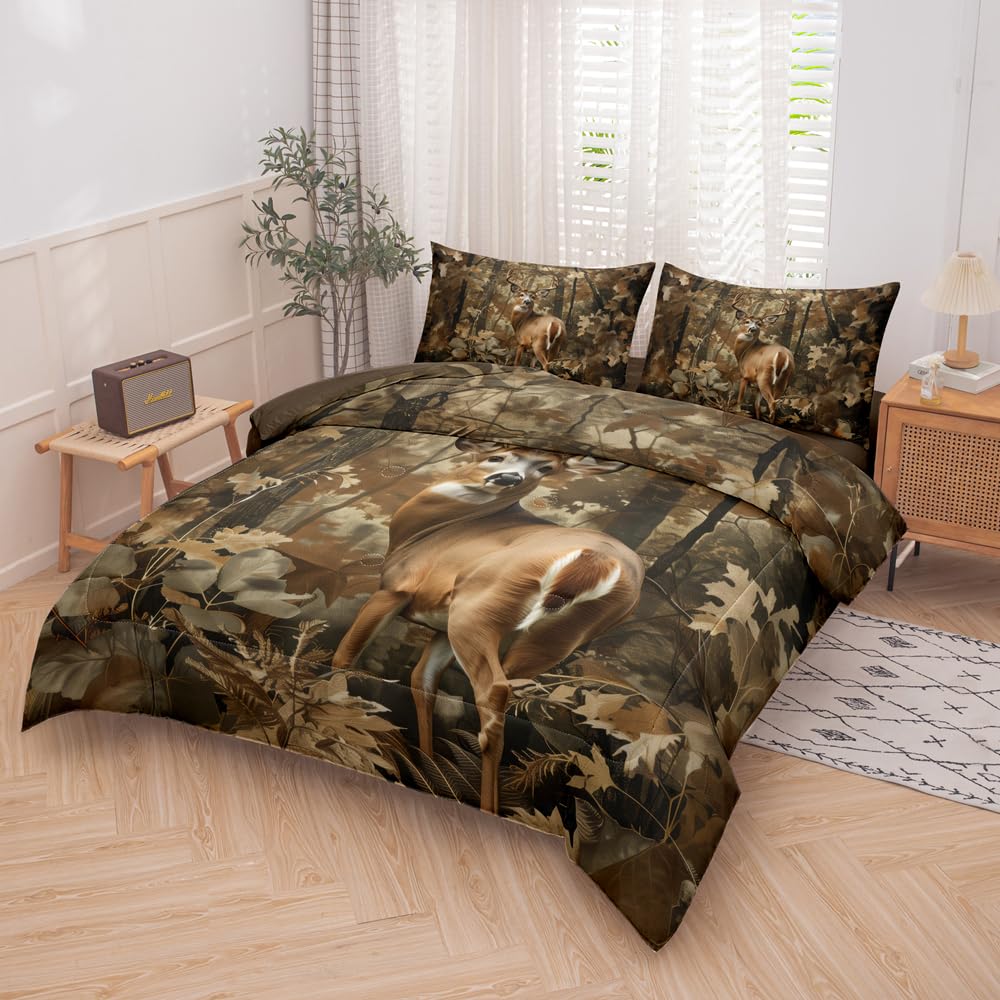 RUPSLO 5 Pieces Deer Comforter Sets,Camo Bedding Set,Deer Western Comforter Sets for Boys,Twin Size Bedding Set for Boys,Camo Bed Sets with Sheets