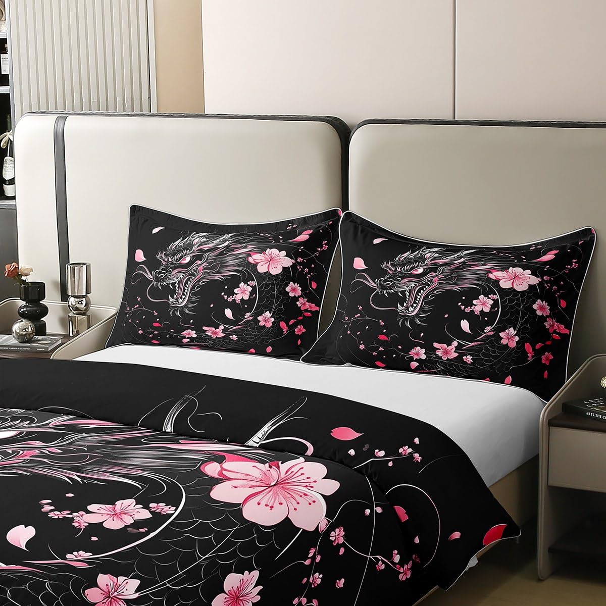 Erosebridal Sakura Dragon Comforter Cover Twin Size 100% Cotton for Girls,Exotic Dragon Duvet Cover for Kids Boys Teen,Magical Animal Black Bedding Set Pink Cherry Blossom Japanese Style Bed Set