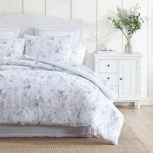Laura Ashley - Queen Comforter Set, 100% Cotton Bedding, Medium Weight for Year-Round Comfort, Reversible Floral Design, Includes Comforter and Shams, Belinda Blue