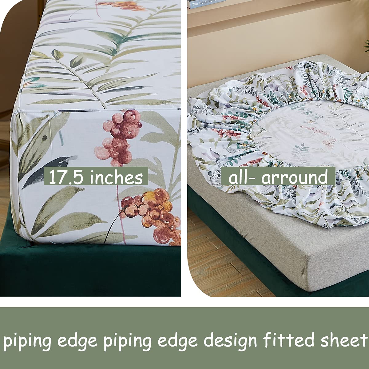 FADFAY Floral Leaves Sheet Set Queen, Premium 100% Cotton 600 TC Green Leaf & Teal Flower Watercolor Farmhouse Bedding, Super Soft Breathable Deep Pocket Bed Sheets Set, 4-Piece Queen