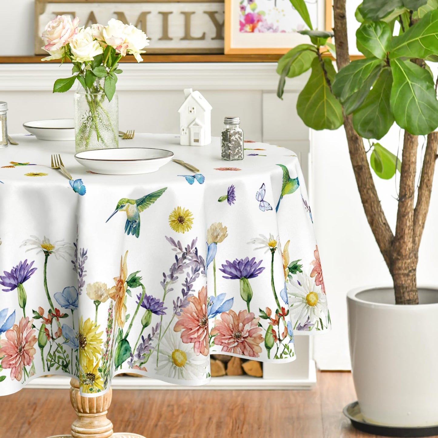 Horaldaily Spring Summer Tablecloth 60×60 Inch Round, Floral Flowers Butterfly Birds Washable Table Cover for Party Picnic Dinner Decor