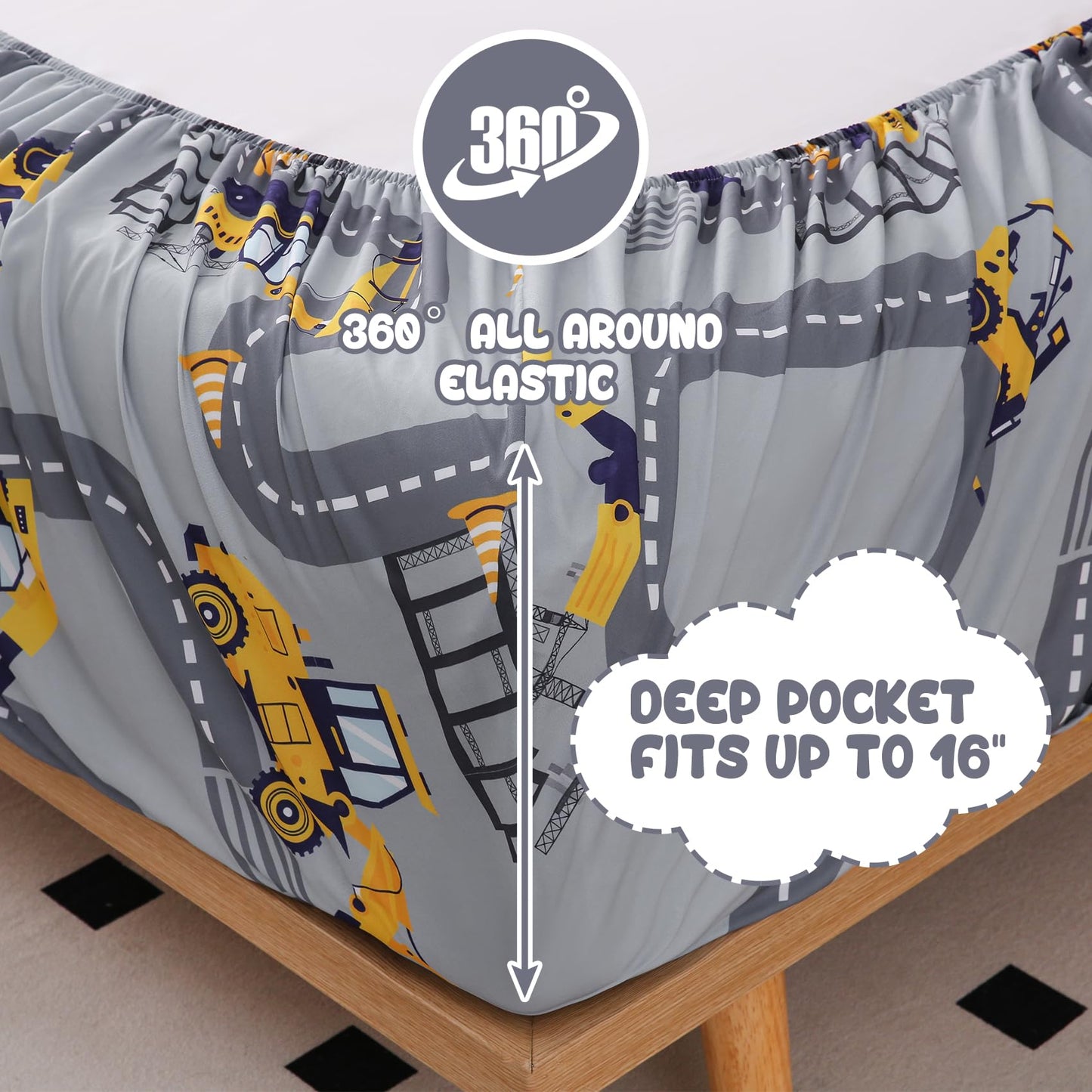 Yibeizi Twin Sheets Set Kids, Grey Truck Pattern Microfiber Single Bed Sheets, Cute Soft Oeko-Tex Extra Deep Pocket Sheets & Pillowcases Cooling Hypoallergenic Wrinkle Free Bedsheets