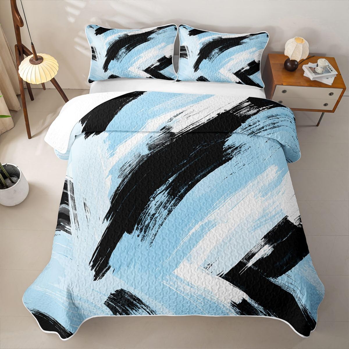 Feelyou Blue Black White Bedding Set Kids Abstract Quilt Sets Queen Size Modern Stripes Bedspread Coverlet for Room Soft Modern with 2 Pillow Case