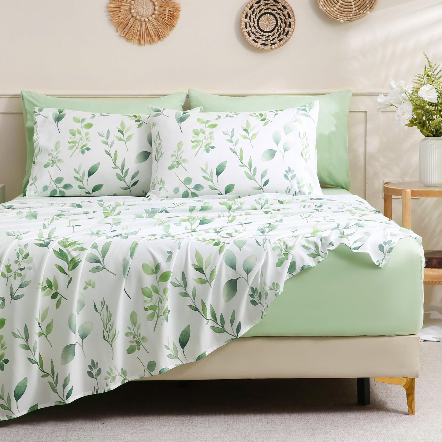 Botanical 6-Piece Queen Bed Sheets Set, Boho Floral Print Brushed Microfiber Sheets, Cooling Bed Sheet Set, Ultra Soft & Breathable, 16' Deep Pocket Fitted Sheet & Pillowcase Set, Sage Green Leaves
