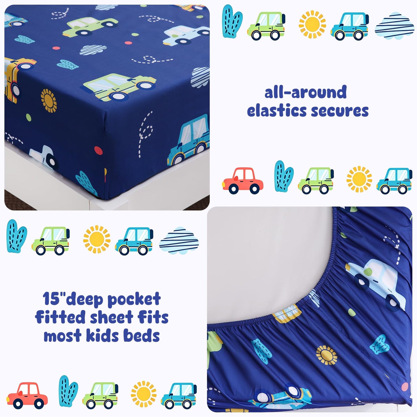 Ocharo Kids Sheet Set Full Size,Boys Sheet Set with Colorful Cars Pattern,Kids Cute Car Bed Sheet Navy Blue Soft Microfiber Deep Pocket Bedding Sheets and Pillowcases 4 Pieces.
