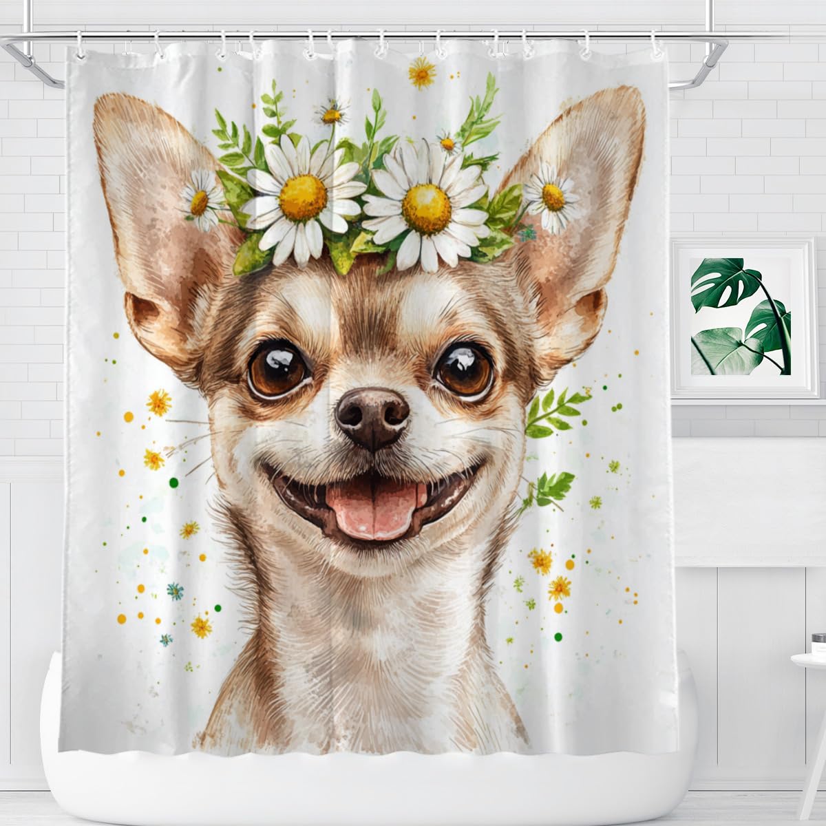 NGZ White Daisy Floral Shower Curtain Chihuahua Shower Curtain Farmhouse Flower Spring Rustic Blossom Fabric Bathroom Decor Set with Hooks（72Wx72H）