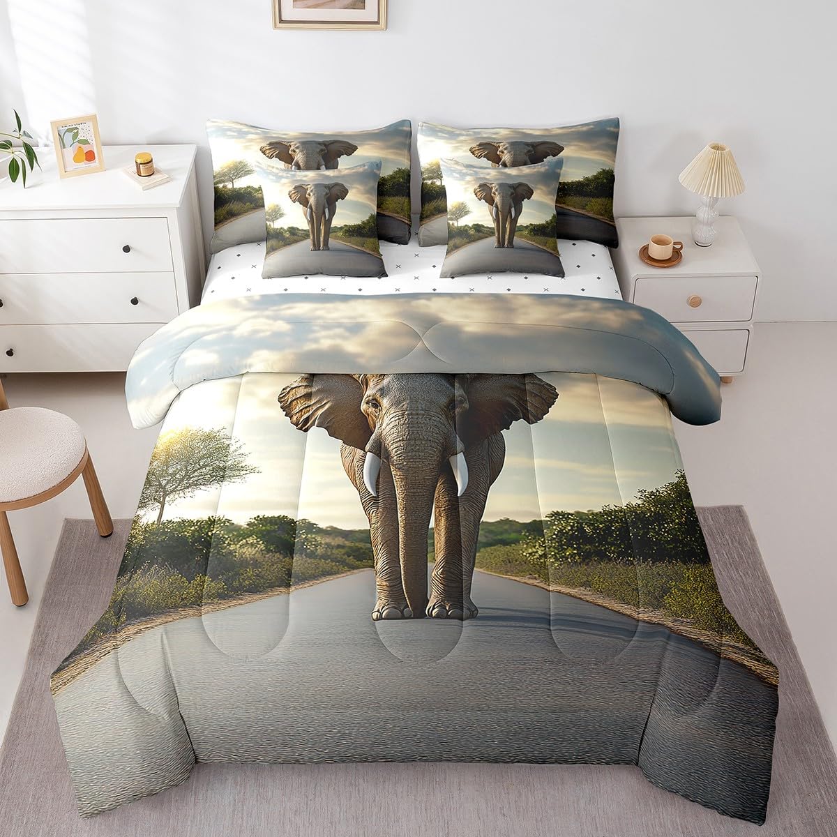 jejeloiu Elephant Comforter Set 7 Pieces Full Size Kids Boho Exotic Style Bed in a Bag for Boys Girls Ethnic Bedding Set Wildlife,Comforter + Sheets + Pillowcases + Cushion Covers