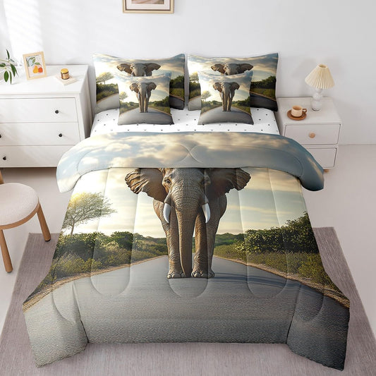jejeloiu Elephant Comforter Set 7 Pieces Full Size Kids Boho Exotic Style Bed in a Bag for Boys Girls Ethnic Bedding Set Wildlife,Comforter + Sheets + Pillowcases + Cushion Covers