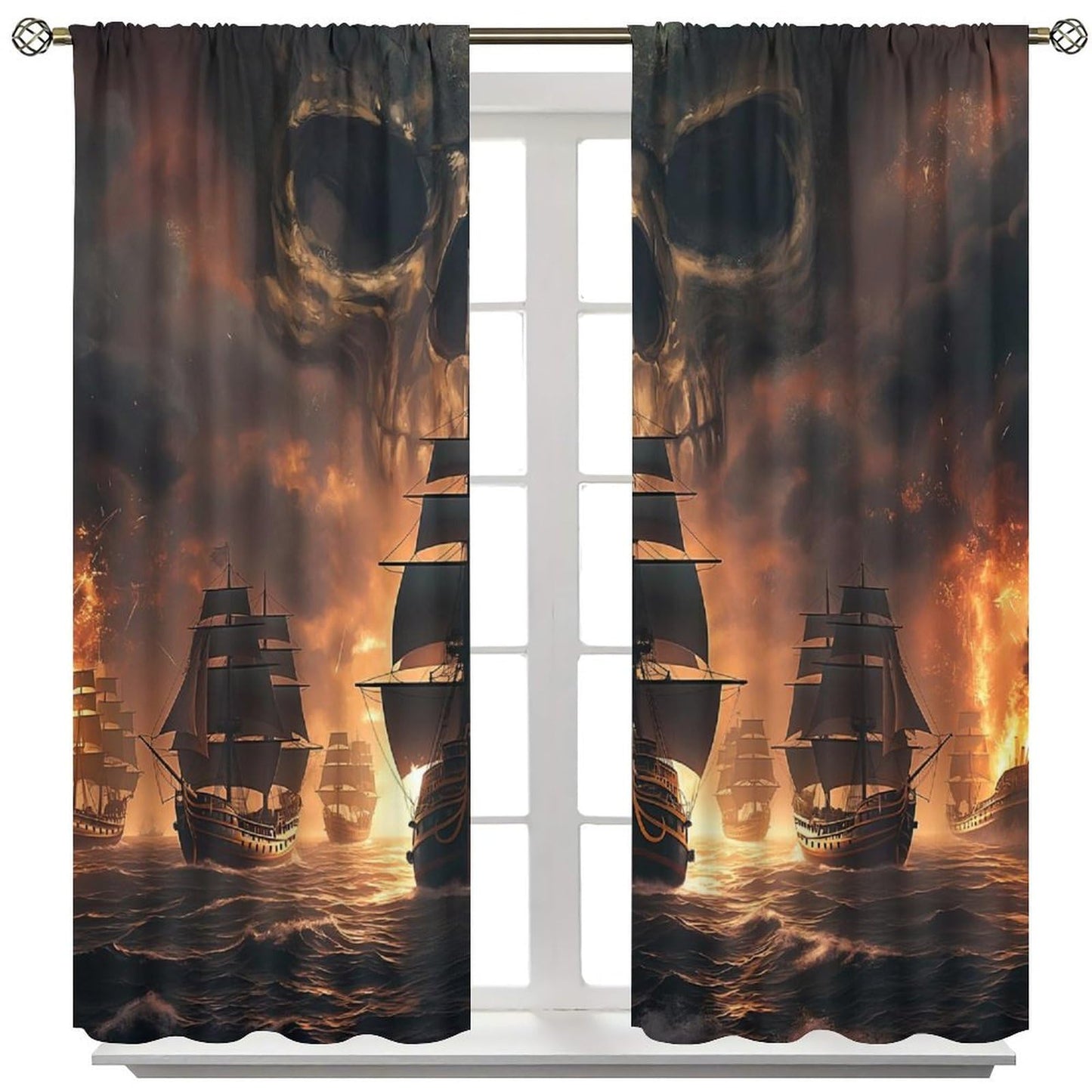 wlsgdsg Pirate Ship Curtains for Boys Cartoonish Cool Medieval Ocean Flame Skull Sailboat Pattern Window Treatments for Kids Boys Bedroom Living Room 42x44.5In（No Blackout）