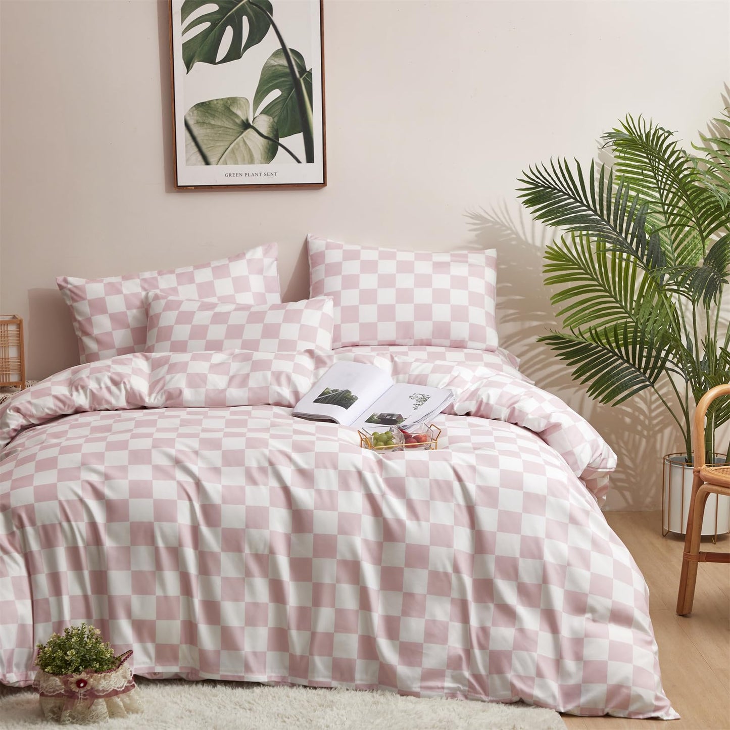 KAREVER Pink Grid Comforter Full Pink Plaid Bedding Set Girls Pink White Checkered Bed Comforter Set Breathable Blanket Set Kids Durable Bedding Comforter Set