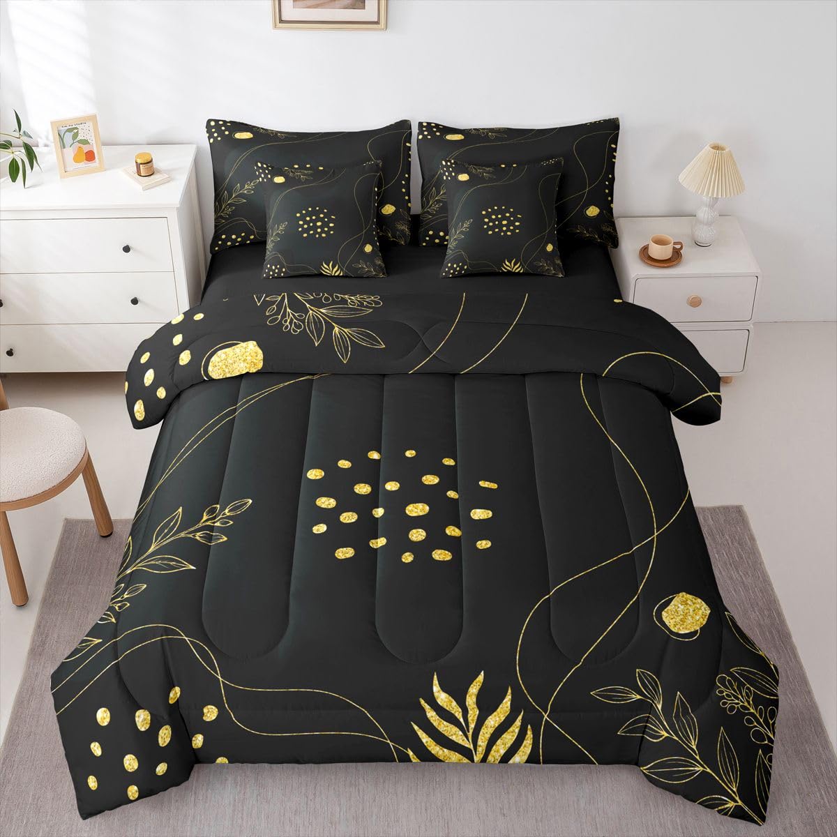Erosebridal Mid Century Full Size Bed Sheets and Comforter Set Geometric Lines 7 Piece Bedding Set Boho Black Gold Bed in a Bag, Abstract Art Room Decor