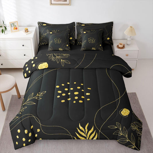 Erosebridal Mid Century Full Size Bed Sheets and Comforter Set Geometric Lines 7 Piece Bedding Set Boho Black Gold Bed in a Bag, Abstract Art Room Decor
