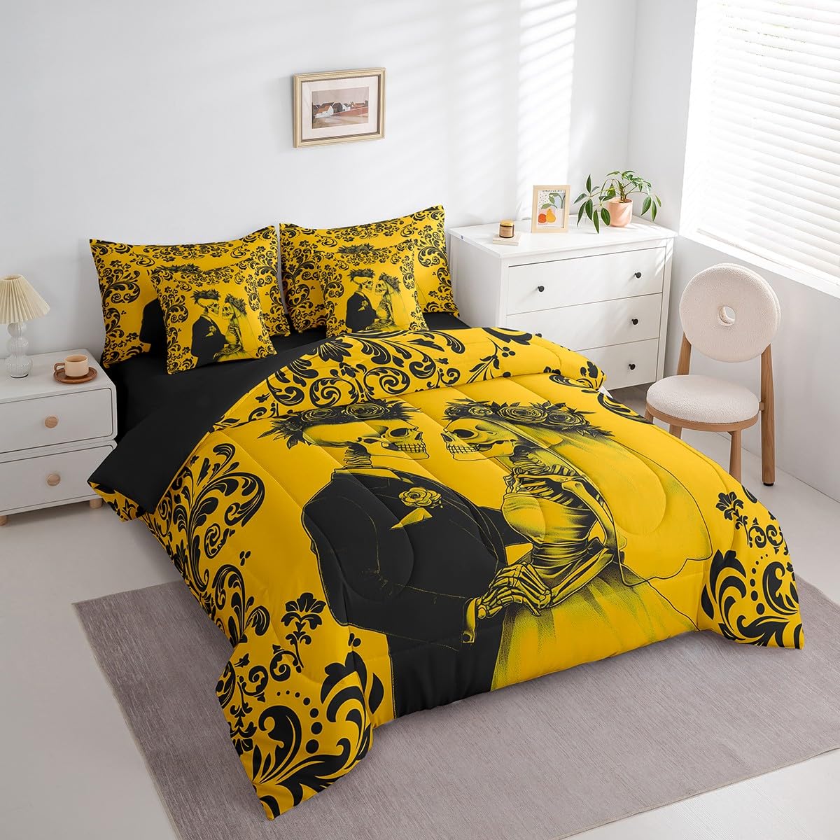 Erosebridal Gothic Skull Bed in A Bag 7 Piece Queen Yellow Black Couple Rose Skull Comforter Set with Sheets Damask Skeleton Goth Bedding Set for Women Men Romantic Wedding Valentines Day Bed Set