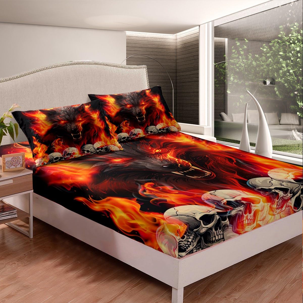 Manfei Fire Wolf Fitted Sheet Twin Size, Orange Flame Gothic Skull Bed Cover with 1 Pillowcase, Wild Animal Theme Bedding Set 2pcs for Kids Boys Teens Adults, Soft Polyester Bedding