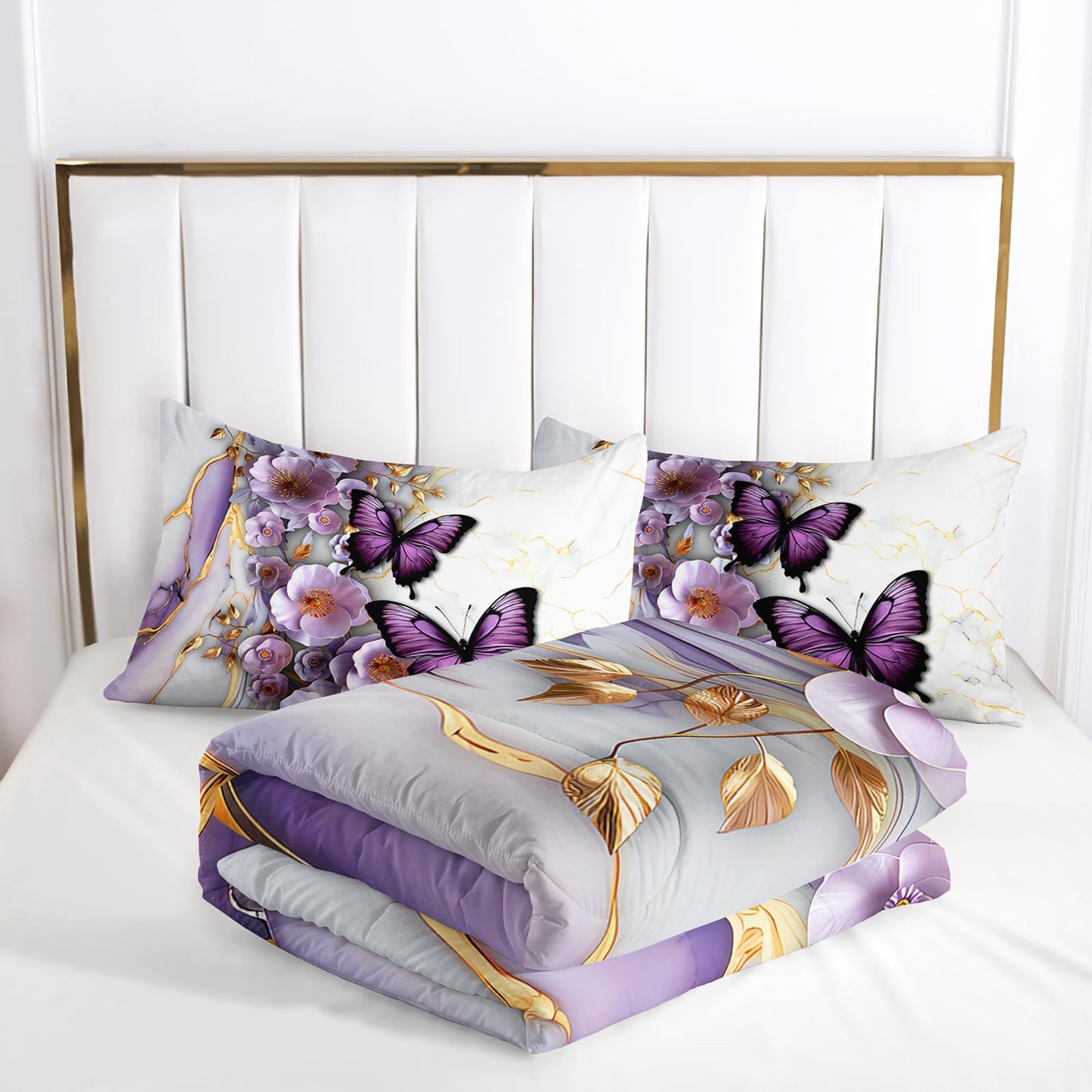 AILONEN Purple Floral Butterfly Comforter Set Queen Size,Gold White Marble Flower Bedding Set for Kids Girls Women,1 Quilt with 2 Pillowcases-3 Pieces