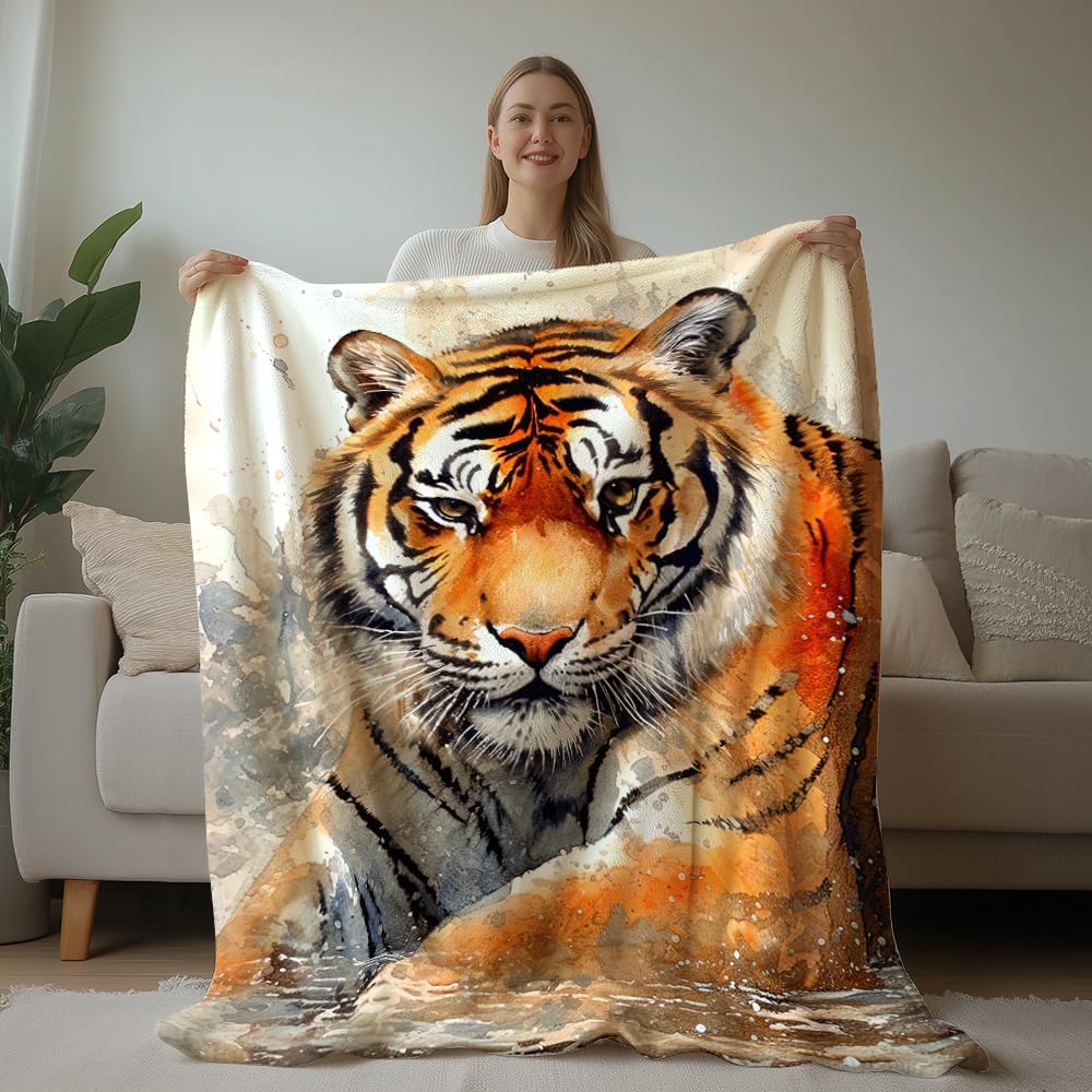 HUNXIAOJ Tiger Throw Blanket Tiger Gift for Kid Animal Print Blankets Queen Size Soft Warm Flannel for Sofa Bed (50 in x 60 in)