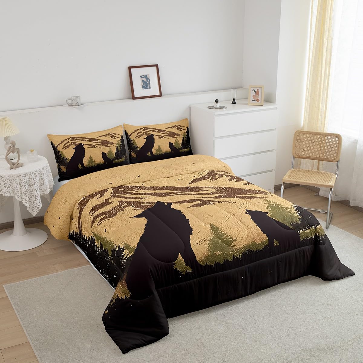 Howling Wolf Bedding Set Full Size,Hunting Wildlife Theme Comforter Set for Kids Boys Men Teens Room Decor,Retro Rustic Farmhouse Duvet Insert 3Pcs,Nature Animal Silhouette Quilt Set,2 Pillowcases