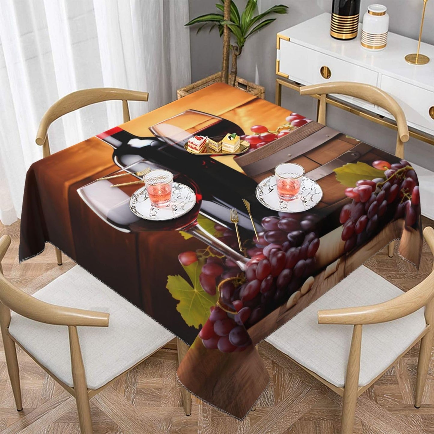 Edafol Red Wine Glass Grapes Wooden Square Table Cloth 55 in Washable Polyester Tablecloth Stain Resistant Table Cover for Dining Indoor Outdoor Party