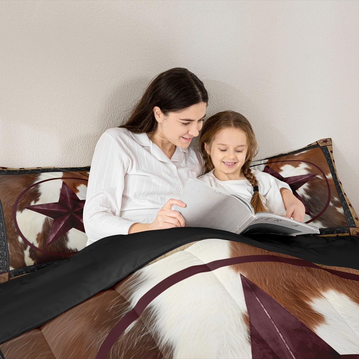 jejeloiu Western Texas Star Comforter Set Queen Size Cowhide Bedding Set for Kids Boys Girls Farmhouse Rustic Duvet Quilt Cow Fur Print Bedroom Decor Microfiber 3 Pcs with 2 Pillow Cases