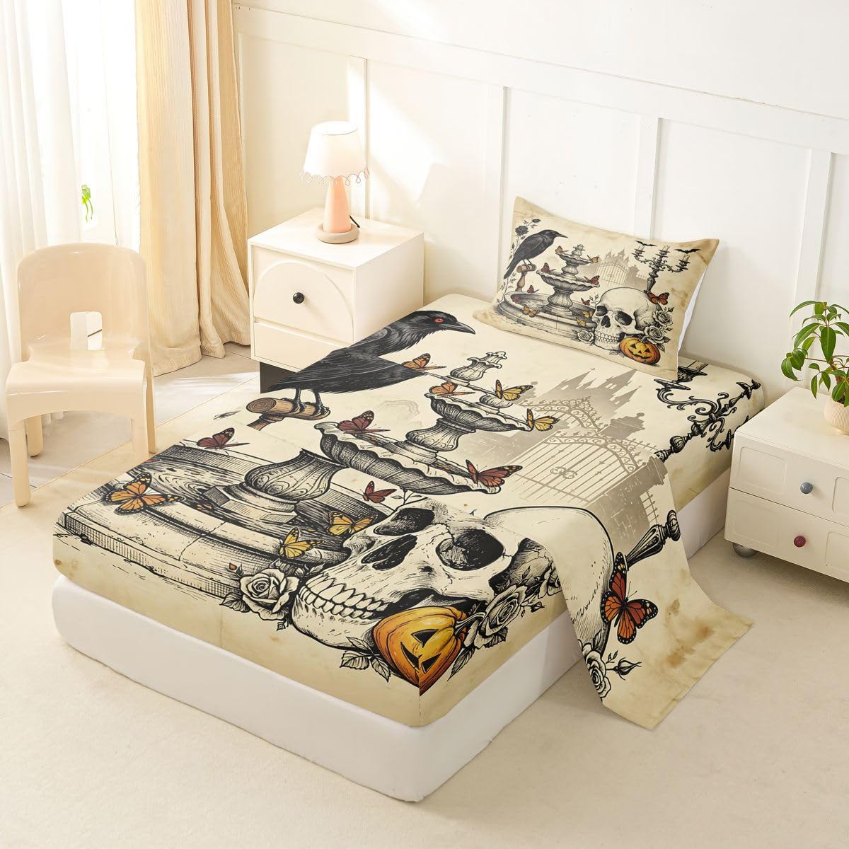 Erosebridal Gothic Skull Bed Sheets Twin Size Vintage Raven Butterfly Sheet Set Teens Adults Distressed Rose Fall Pumpkin Bedding Set Spooky Halloween Sheets