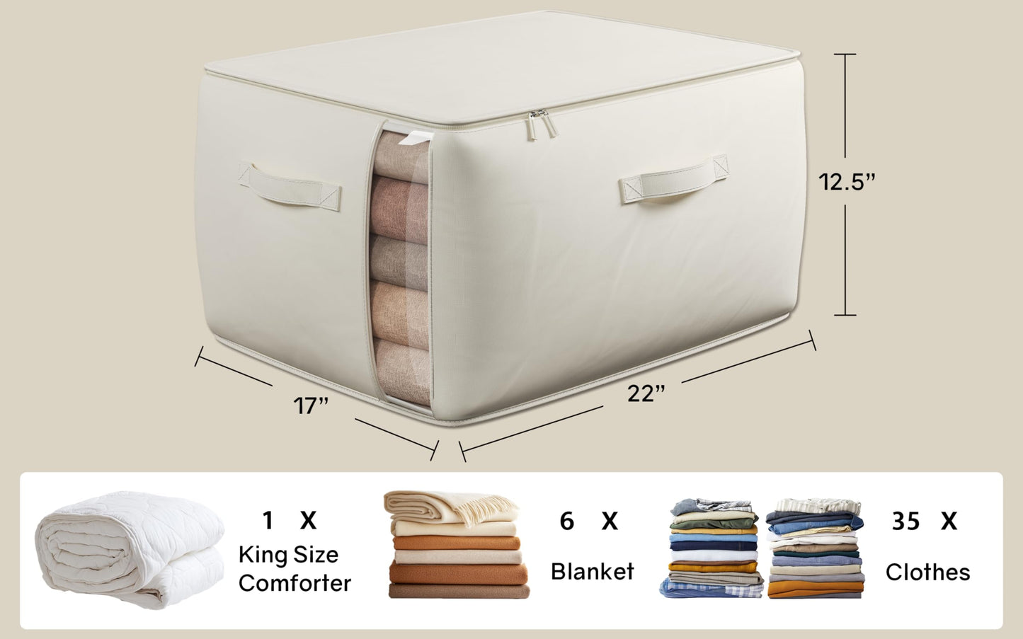 TomVista Large Canvas Clothes Storage Bags with Thick Handles and Clear Window, Foldable Cotton Linen Closet Organizer for Clothing, Blankets and Bedding, 70L, 3 Pack, Beige