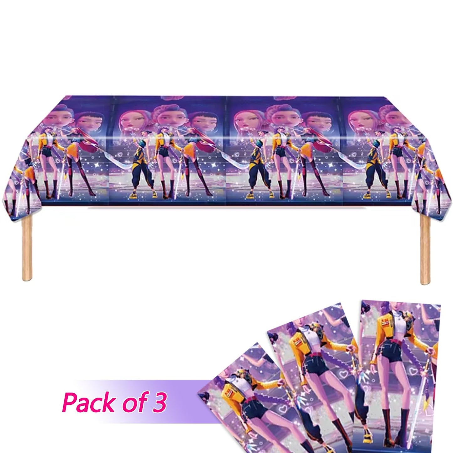 Luckyliz Demon Movie Hunters Table Cloths - 3 Korean Idol Singer Musical Table Cover Disposable Plastic Waterproof Tablecloths Purple Cartoon Party Supplies for Boys Girls Fans Concert Birthday Party