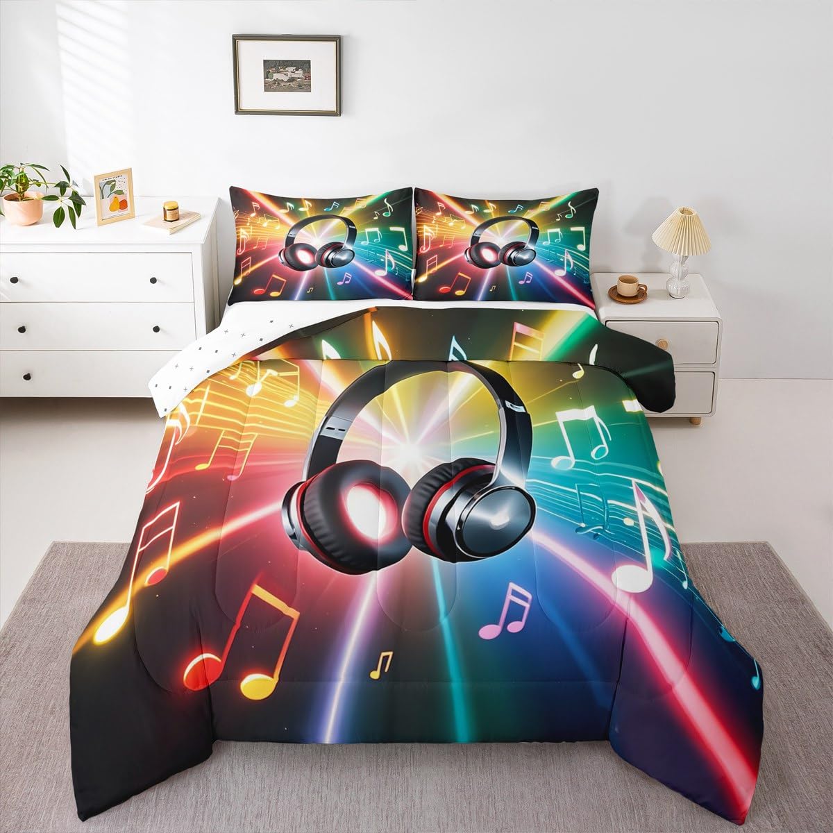 Erosebridal Headphone Comforter Set, Musical Note Hipster Bedding Set for Kids Boys Girls Teens, Rock Hip Hop Grunge Style Duvet Set Headset Bling Bedding Comforters Bedroom Decor, Twin Size