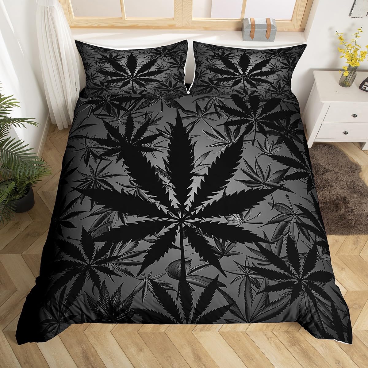 Erosebridal Leaf Comforter Cover for Kids, Teens - Neon Duvet Cover King, Lightweight Bedding Set, Botanical Plants Bed Cover with 2 Pillow Shams