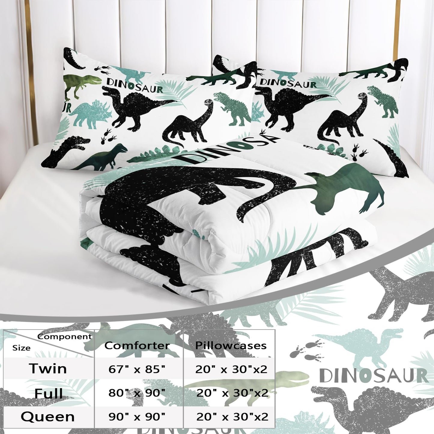 AILONEN Dinosaur Twin Kids Bedding Set,Black and Green Dinosaur Comforter Set All Season,Tropic Leaves and Roaring Dinosaur Silhouette Printed Soft Comforter with 2 Pillowcases for Boys