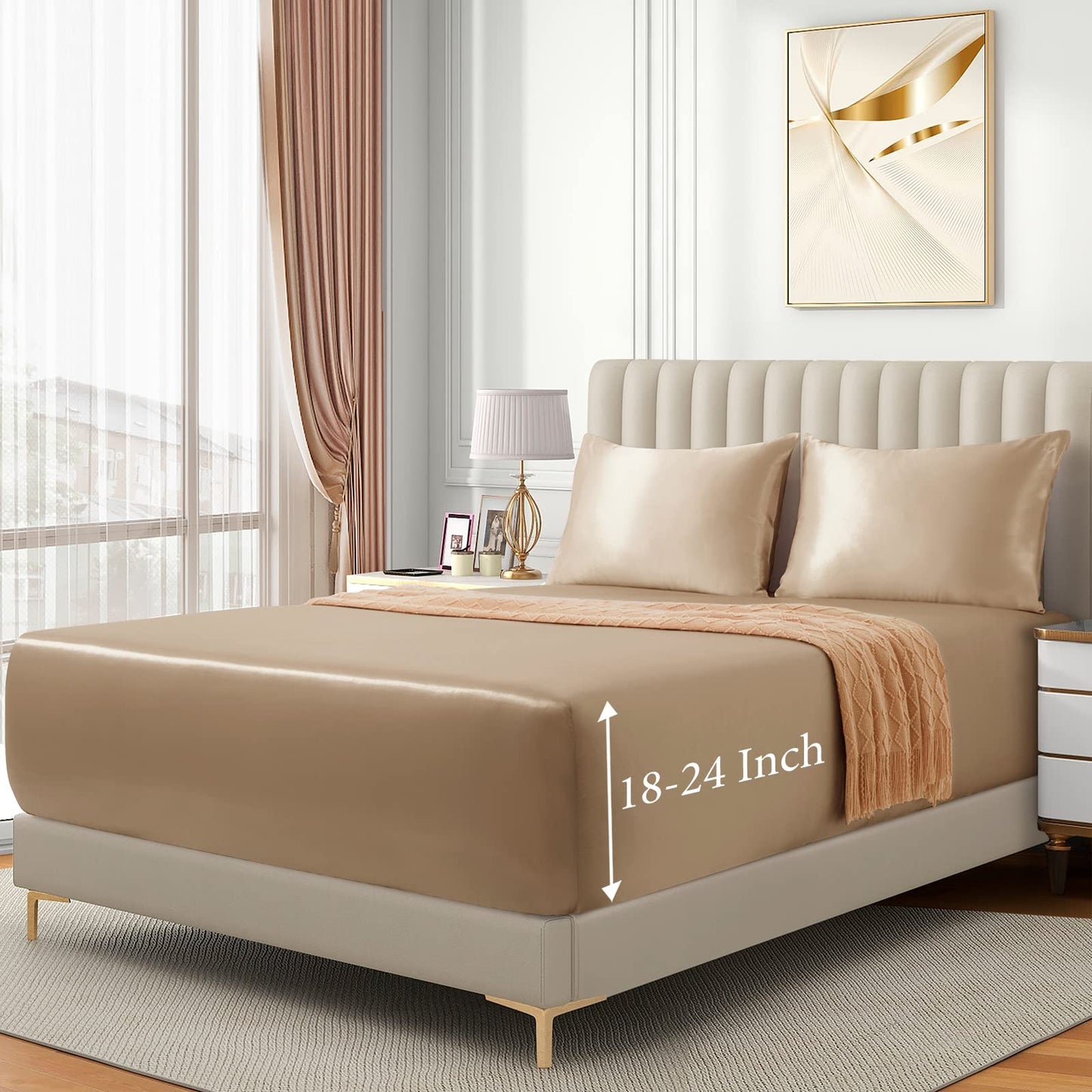 VACVELT 3pcs Extra Deep Pocket Satin Fitted Sheet Set Queen Bed Set, Beige Bottom Sheet Fit 18-24 Inch Deep Pocket Mattress, Silky Bedding Set Soft & Ultra Deep Fitted Sheet & 2 Pillowcase